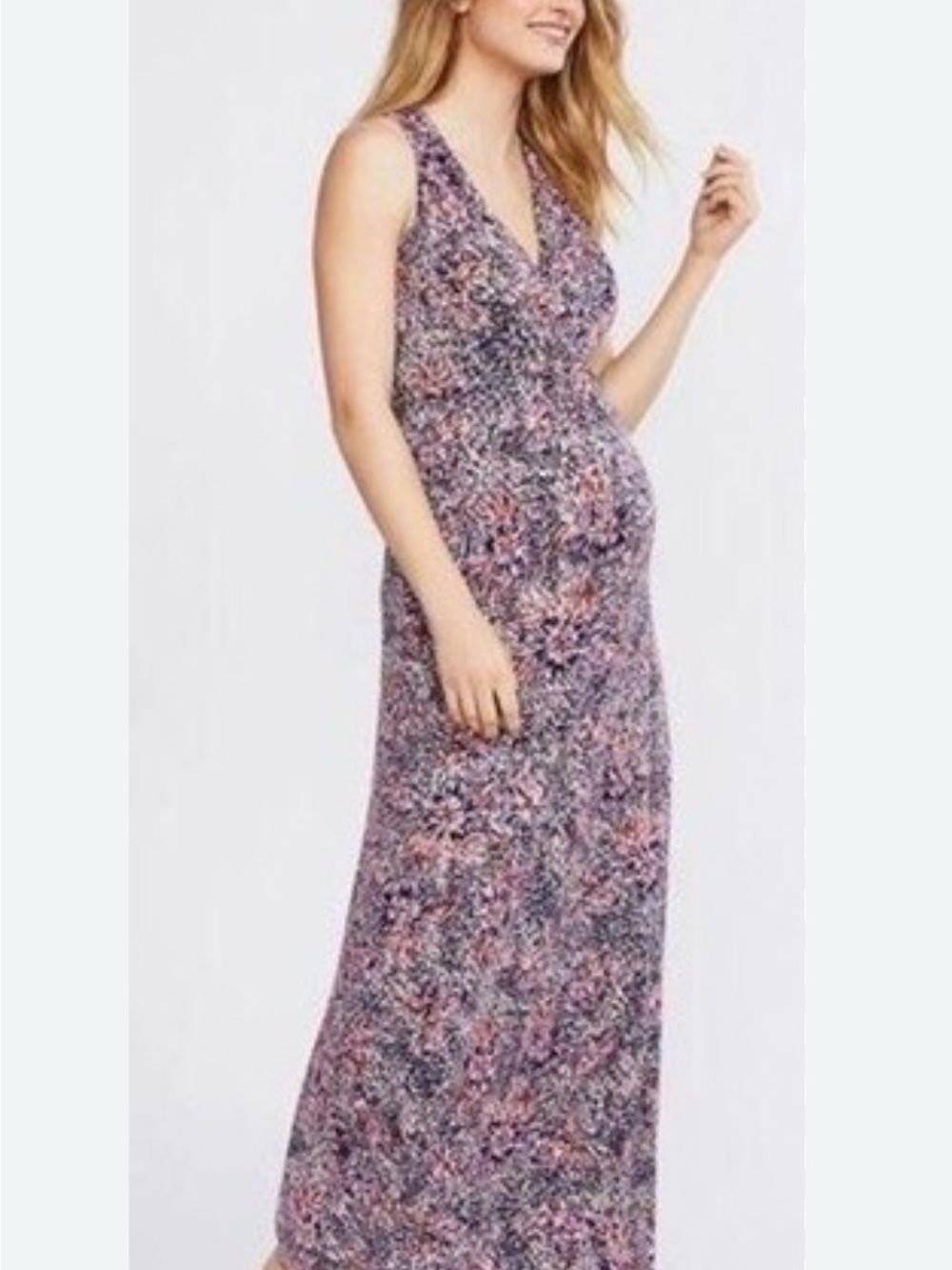 Motherhood Maternity Pink and Purple Floral V-Neck Maxi Dress Size M